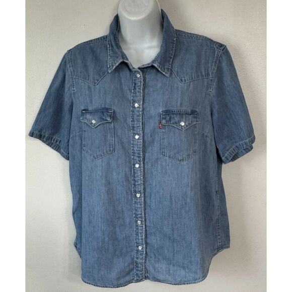 Levi's Shirt Women’s Size XL Blue Chambray Pearl Snap Western Short Sleeve - Picture 2 of 10